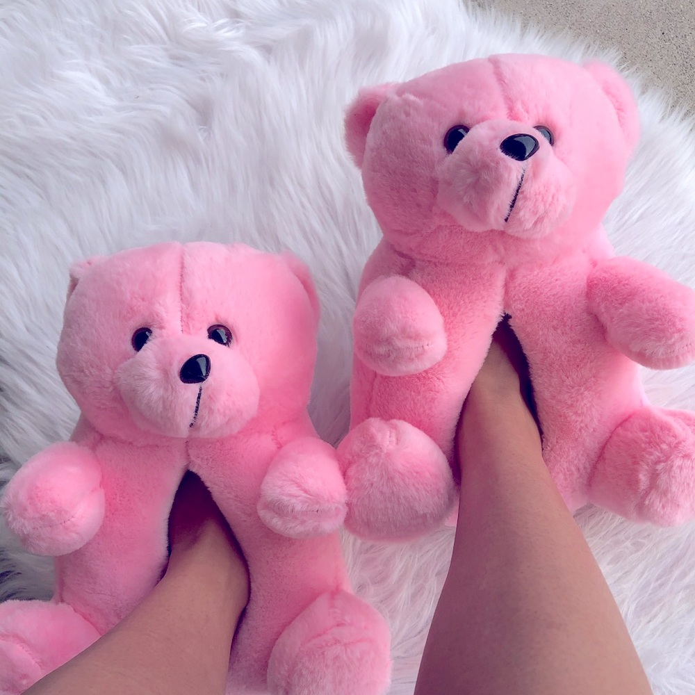 Pink Teddy Bear Plush Indoor Outdoor Slippers - Picture 5 of 11